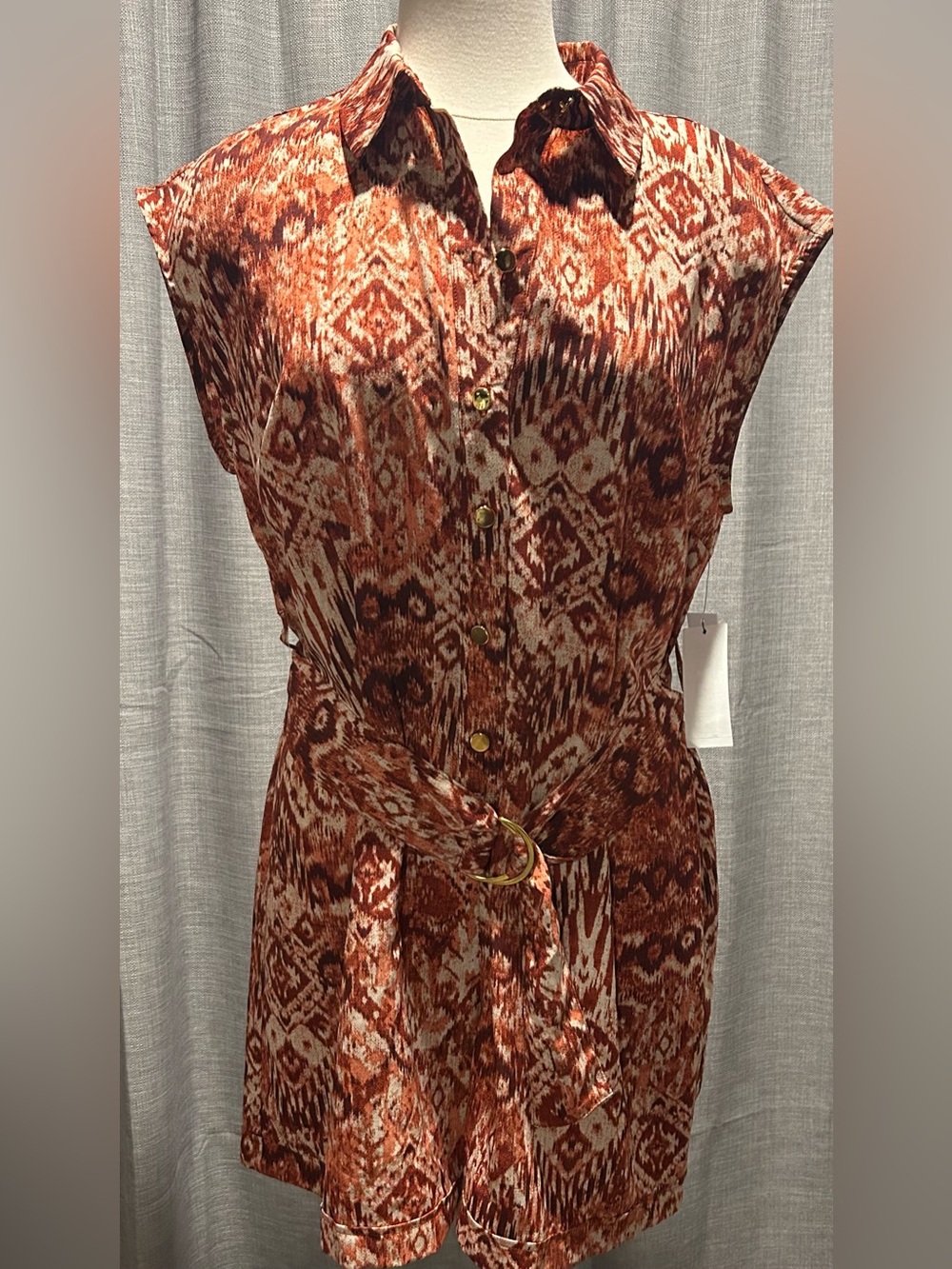 Rust Ikat Button-Front Belted Romper